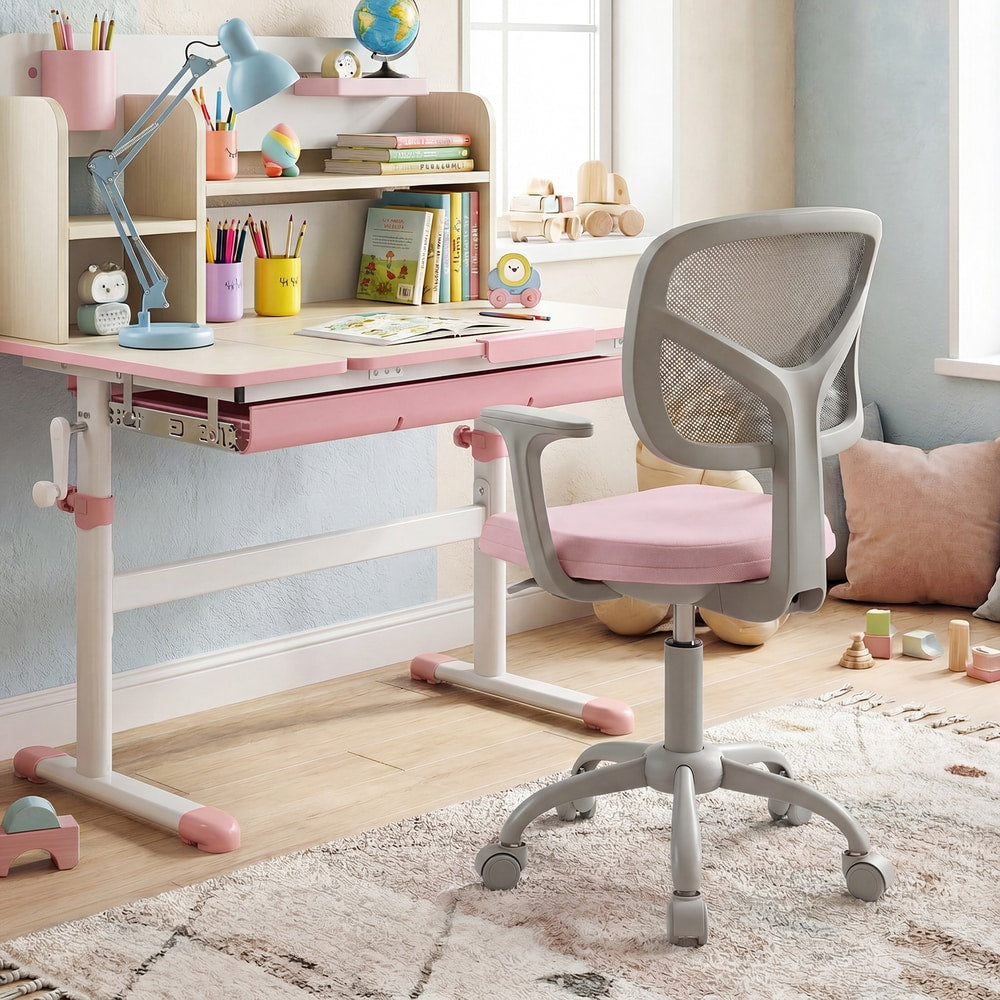 The pink kids desk chair is positioned at a child's desk in a bright room