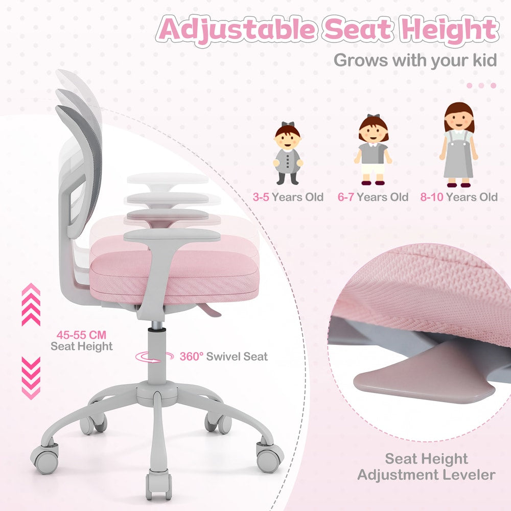 Diagram showing the adjustable seat height and swivel seat of the kids desk chair