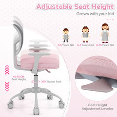 Diagram showing the adjustable seat height and swivel seat of the kids desk chair