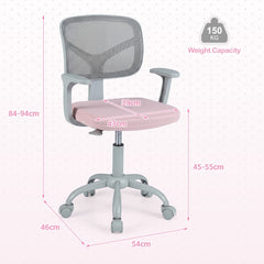 A pink kids desk chair with dimensions shown