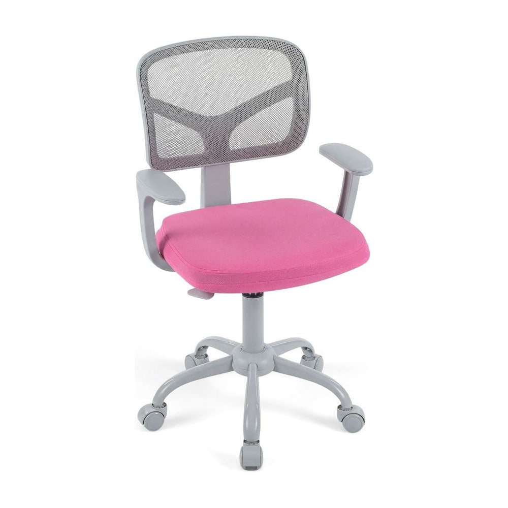 Kids Desk Chair with a pink seat and grey mesh back and arms