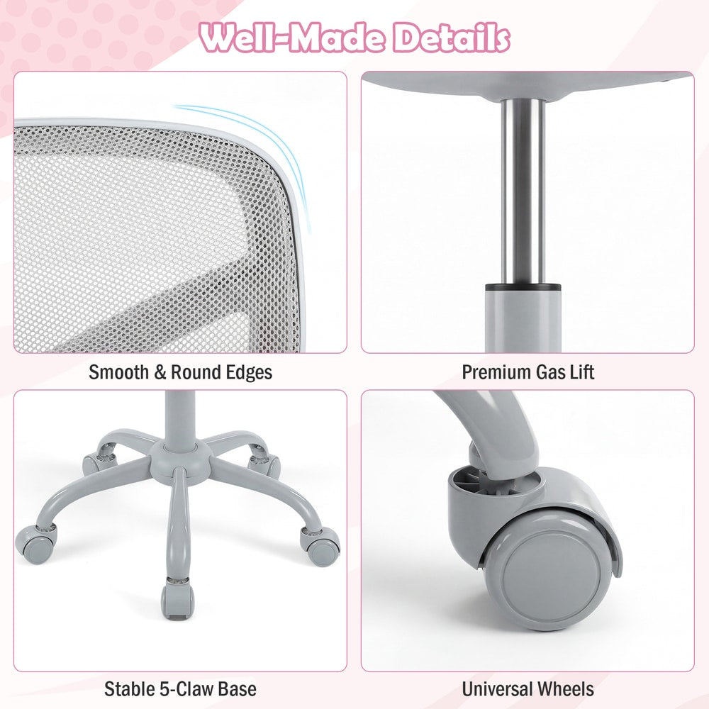 Close-up details of the kids desk chair including the base and wheels