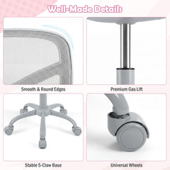 Close-up details of the kids desk chair including the base and wheels