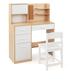 Kids Desk and Chair Set Study Table with Hutch Bulletin Board 3 Drawers-Natural
