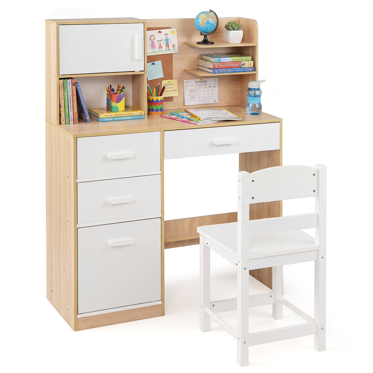 Kids Desk and Chair Set Study Table with Hutch Bulletin Board 3 Drawers-Natural