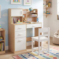 Kids Desk and Chair Set Study Table with Hutch Bulletin Board 3 Drawers-Natural