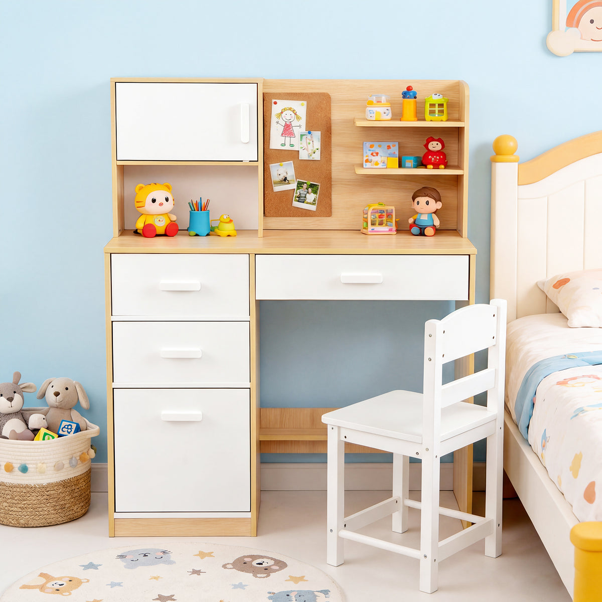 Kids Desk and Chair Set Study Table with Hutch Bulletin Board 3 Drawers-Natural