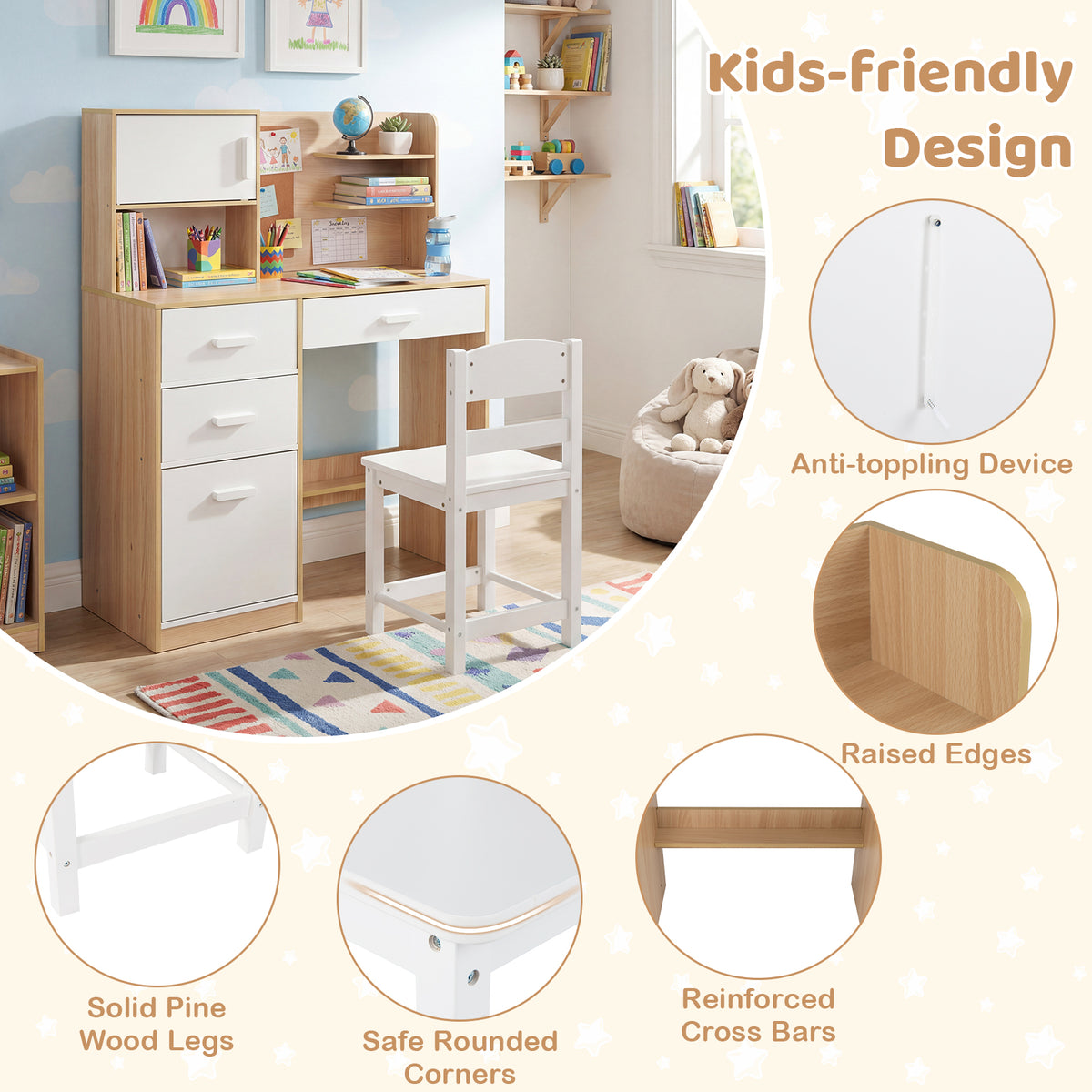 Kids Desk and Chair Set Study Table with Hutch Bulletin Board 3 Drawers-Natural