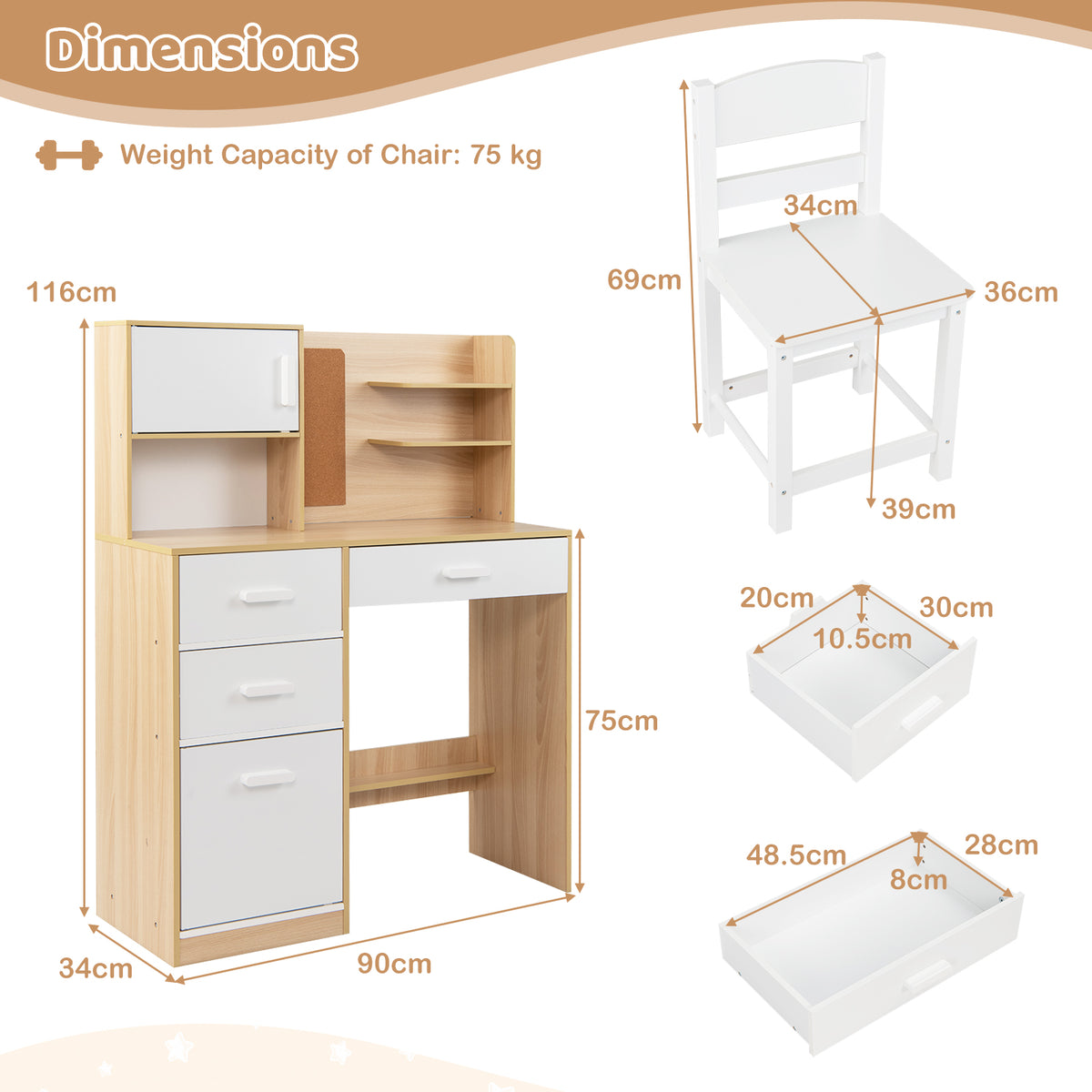 Kids Desk and Chair Set Study Table with Hutch Bulletin Board 3 Drawers-Natural