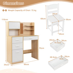 Kids Desk and Chair Set Study Table with Hutch Bulletin Board 3 Drawers-Natural