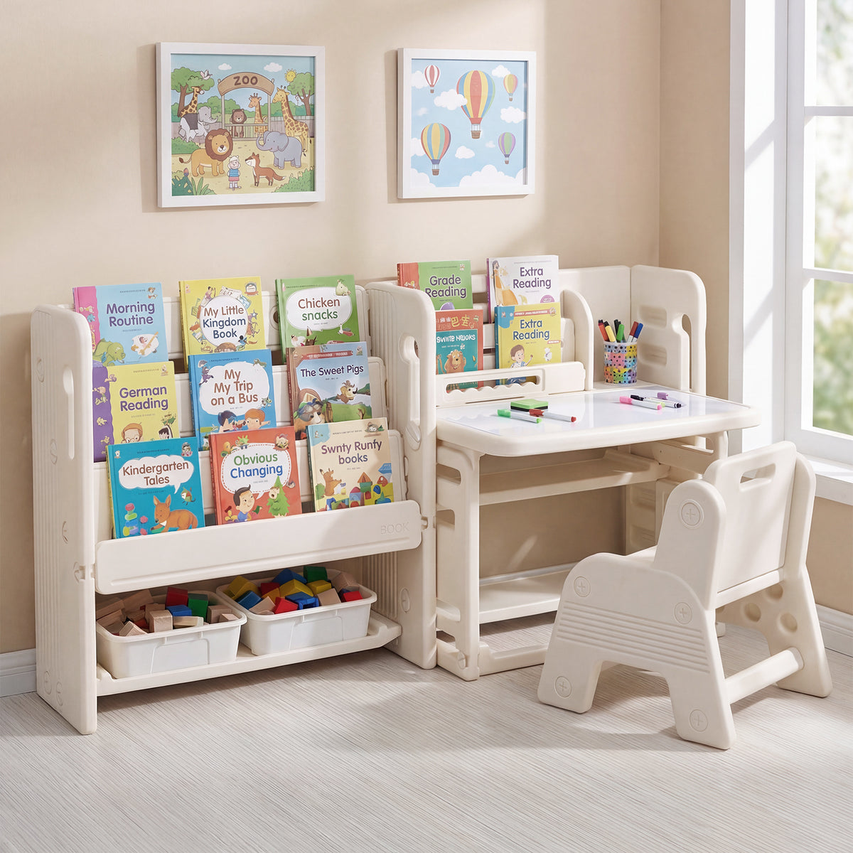 Kids Desk and Chair Set with Side Bookshelves and Whiteboard-Beige