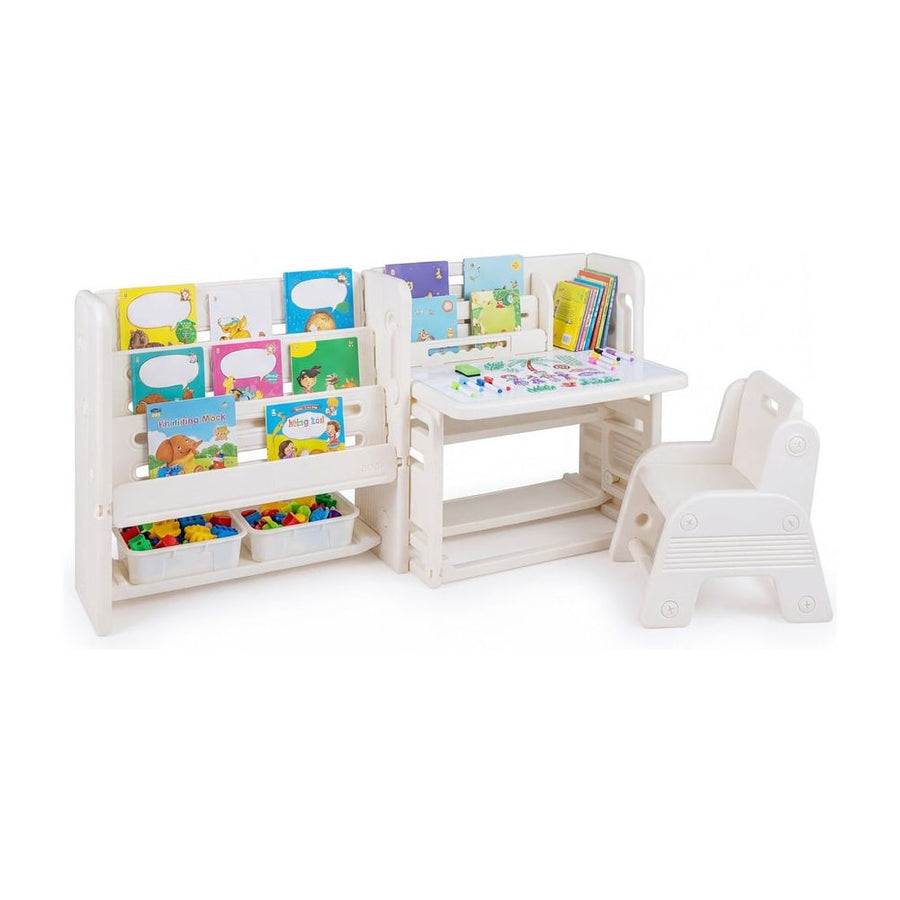 Kids Desk and Chair Set with Side Bookshelves and Whiteboard-Beige