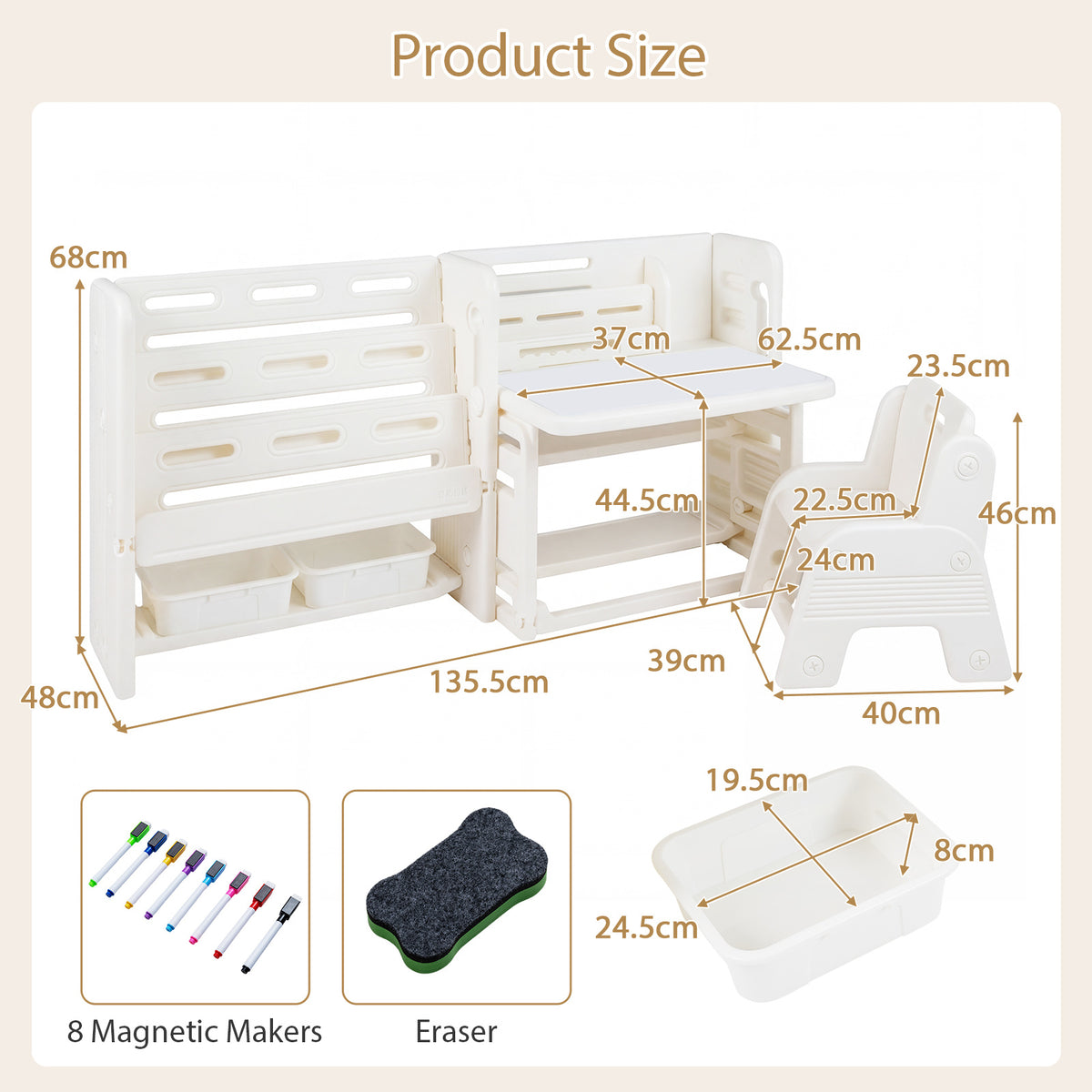 Kids Desk and Chair Set with Side Bookshelves and Whiteboard-Beige