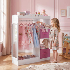 Kids Dress Up Storage with Full Length Mirror and Open Shelves-White
