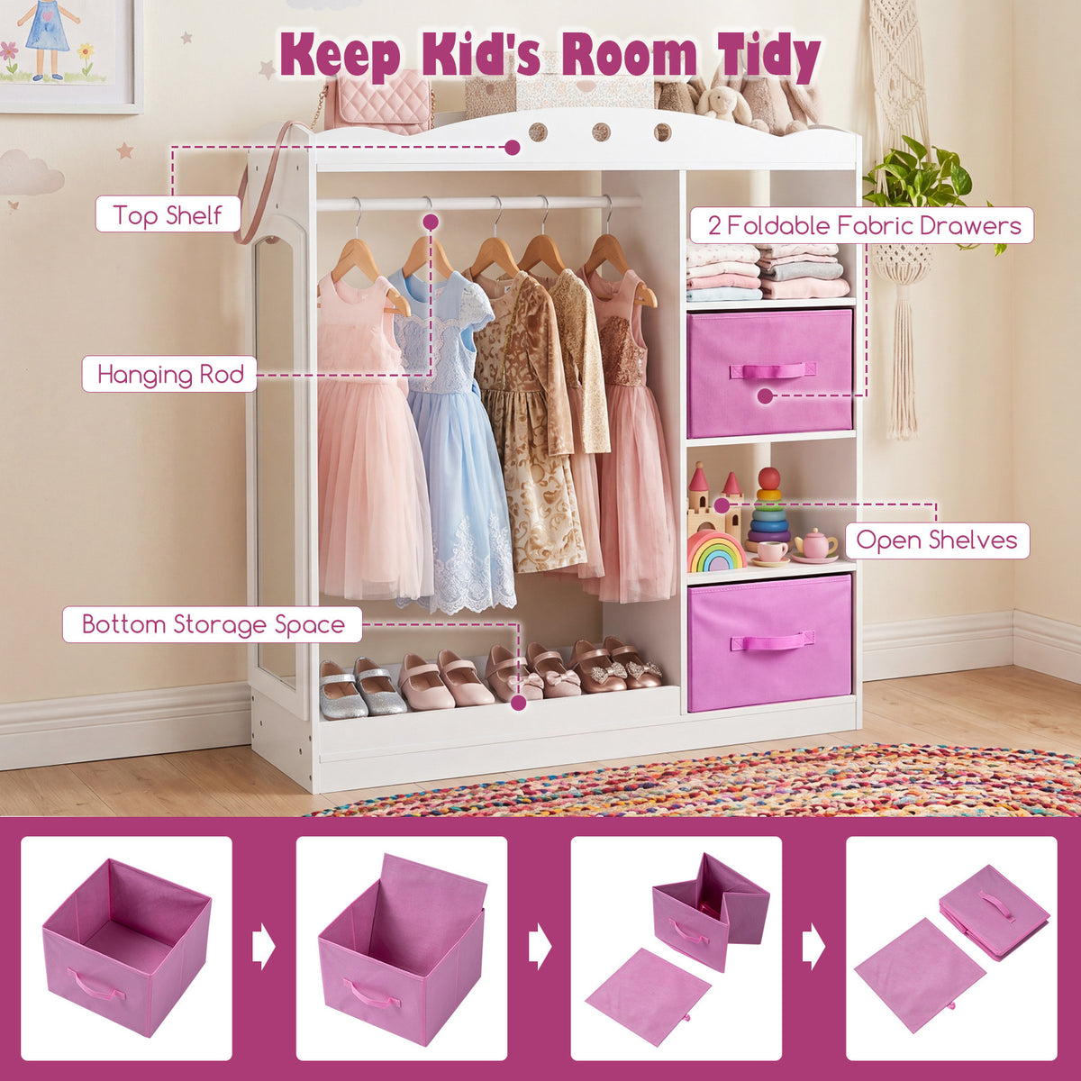 Kids Dress Up Storage with Full Length Mirror and Open Shelves-White
