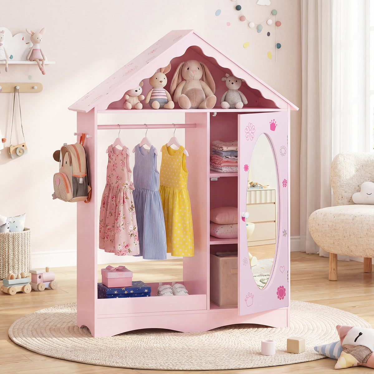 Kids Dress Up Storage with Mirror Roofed Wardrobe Closet with Open Hanging Rack-Pink