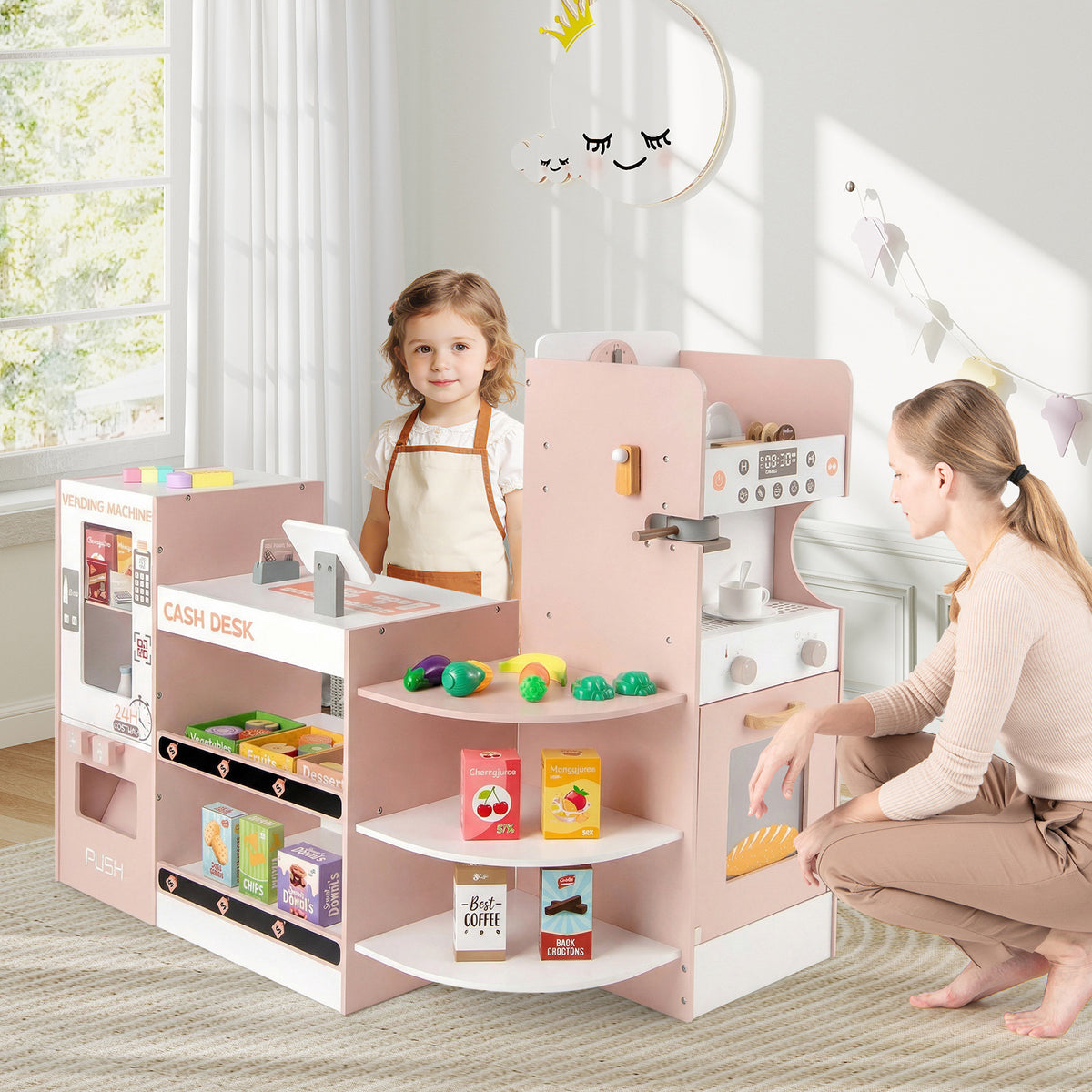 Kids Grocery Store Playset Wooden Pretend Play Supermarket-Pink