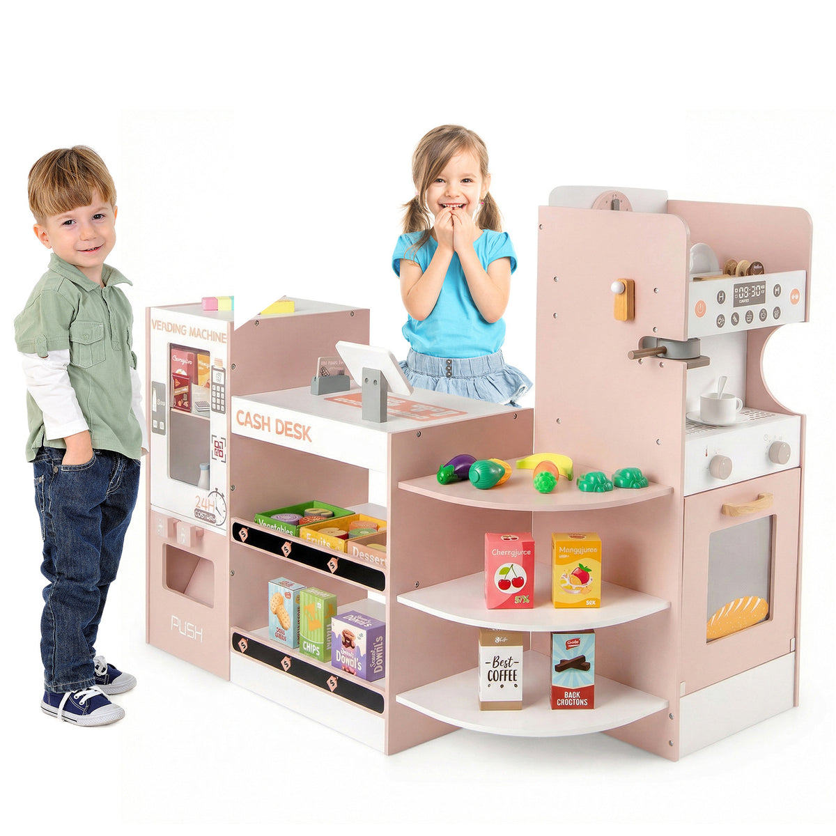 Kids Grocery Store Playset Wooden Pretend Play Supermarket-Pink