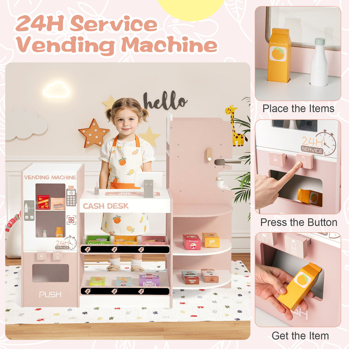Kids Grocery Store Playset Wooden Pretend Play Supermarket-Pink