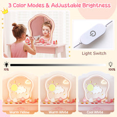 Kids Hair Salon Play Set with LED Lighted Mirror Wooden Pretend Hair Salon Station-Pink