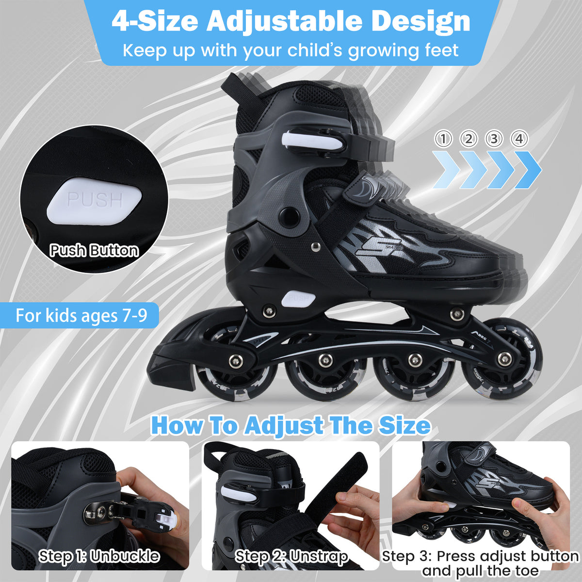 Kids Inline Skates 4 Sizes Adjustable Light-Up Roller Skates for Boys and Girls Ages 7-9-Grey