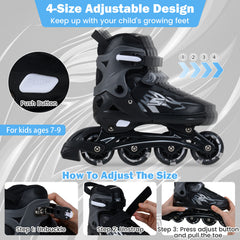 Kids Inline Skates 4 Sizes Adjustable Light-Up Roller Skates for Boys and Girls Ages 7-9-Grey