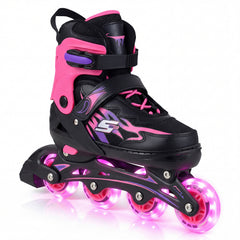 Kids Inline Skates 4 Sizes Adjustable Light-Up Roller Skates for Boys and Girls Ages 7-9-Pink