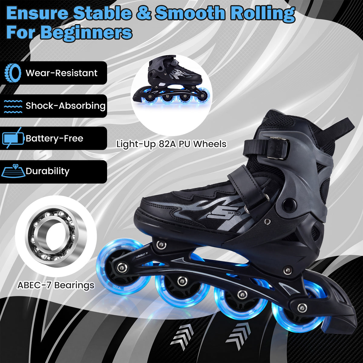 Kids Inline Skates 4 Sizes Adjustable Light-Up Roller Skates for Boys and Girls Ages 9-14-Grey