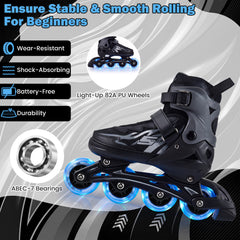 Kids Inline Skates 4 Sizes Adjustable Light-Up Roller Skates for Boys and Girls Ages 9-14-Grey