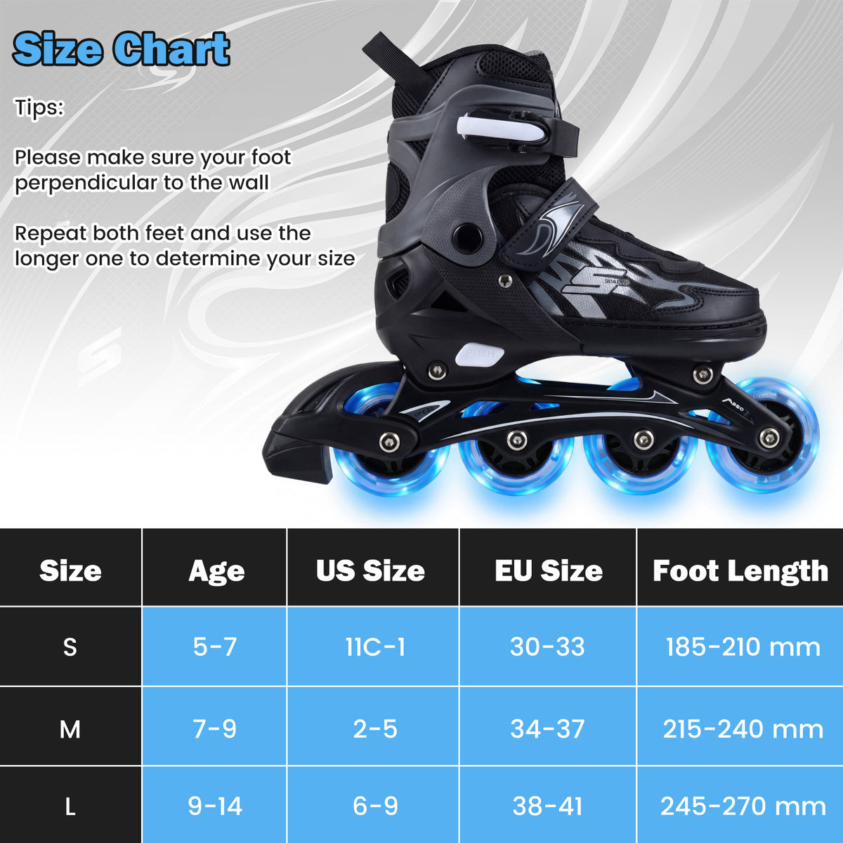 Kids Inline Skates 4 Sizes Adjustable Light-Up Roller Skates for Boys and Girls Ages 9-14-Grey