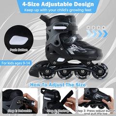 Kids Inline Skates with 4 Illuminated Wheels and Safety Protection for Boys Girls Ages 5-7-Grey