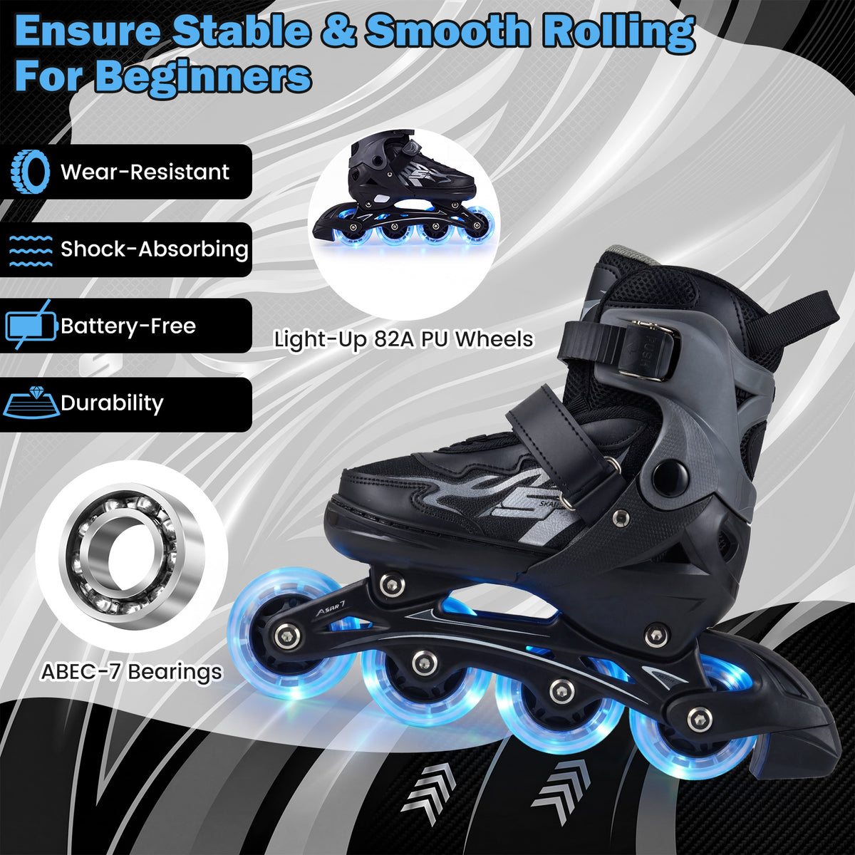 Kids Inline Skates with 4 Illuminated Wheels and Safety Protection for Boys Girls Ages 5-7-Grey
