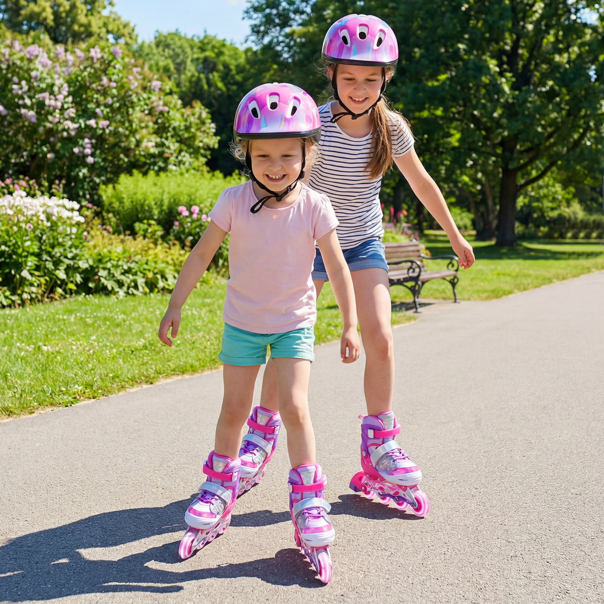 Kids Inline Skates with Full Light Up PU Wheels Adjustable Length for Beginners-Pink