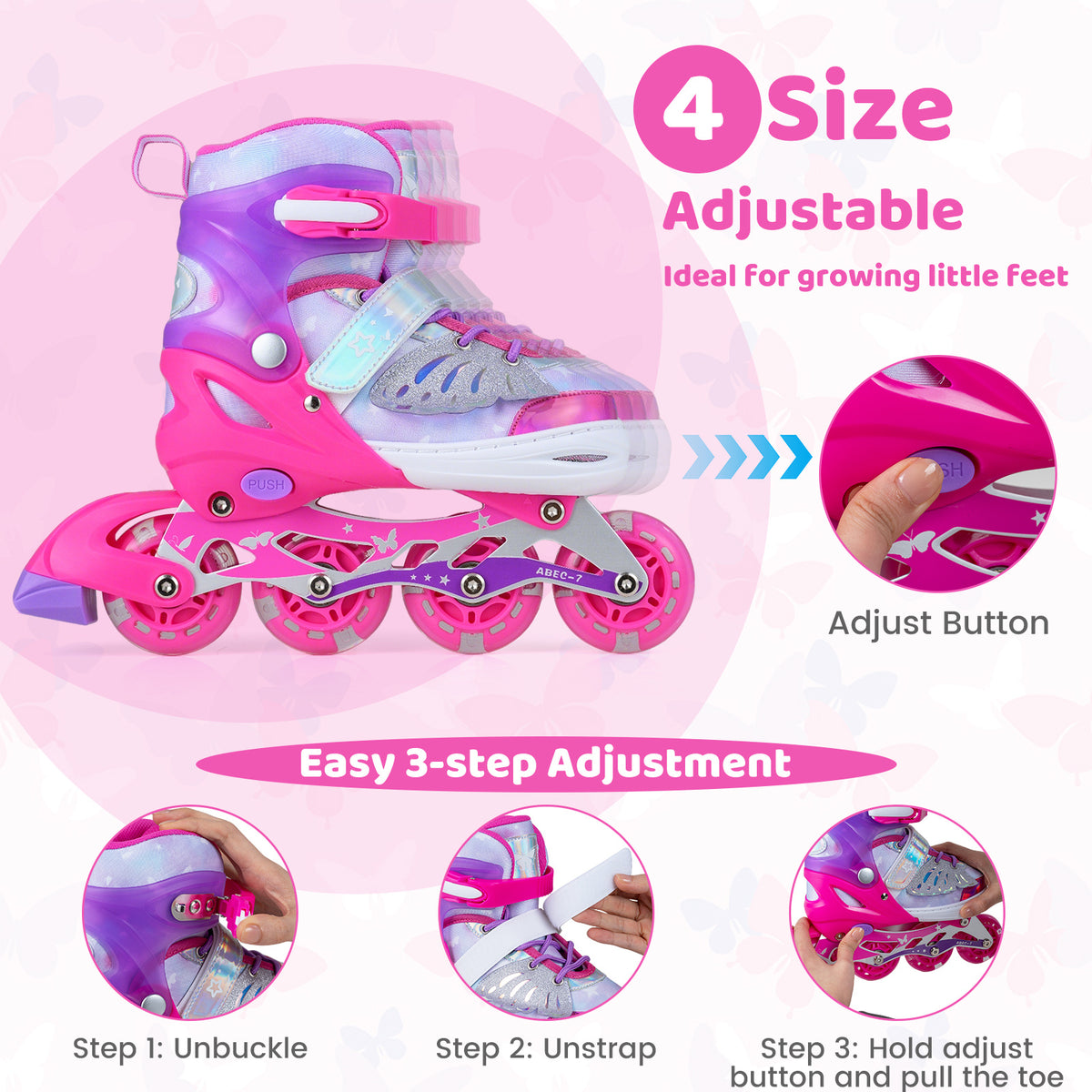 Kids Inline Skates with Full Light Up PU Wheels Adjustable Length for Beginners-Pink