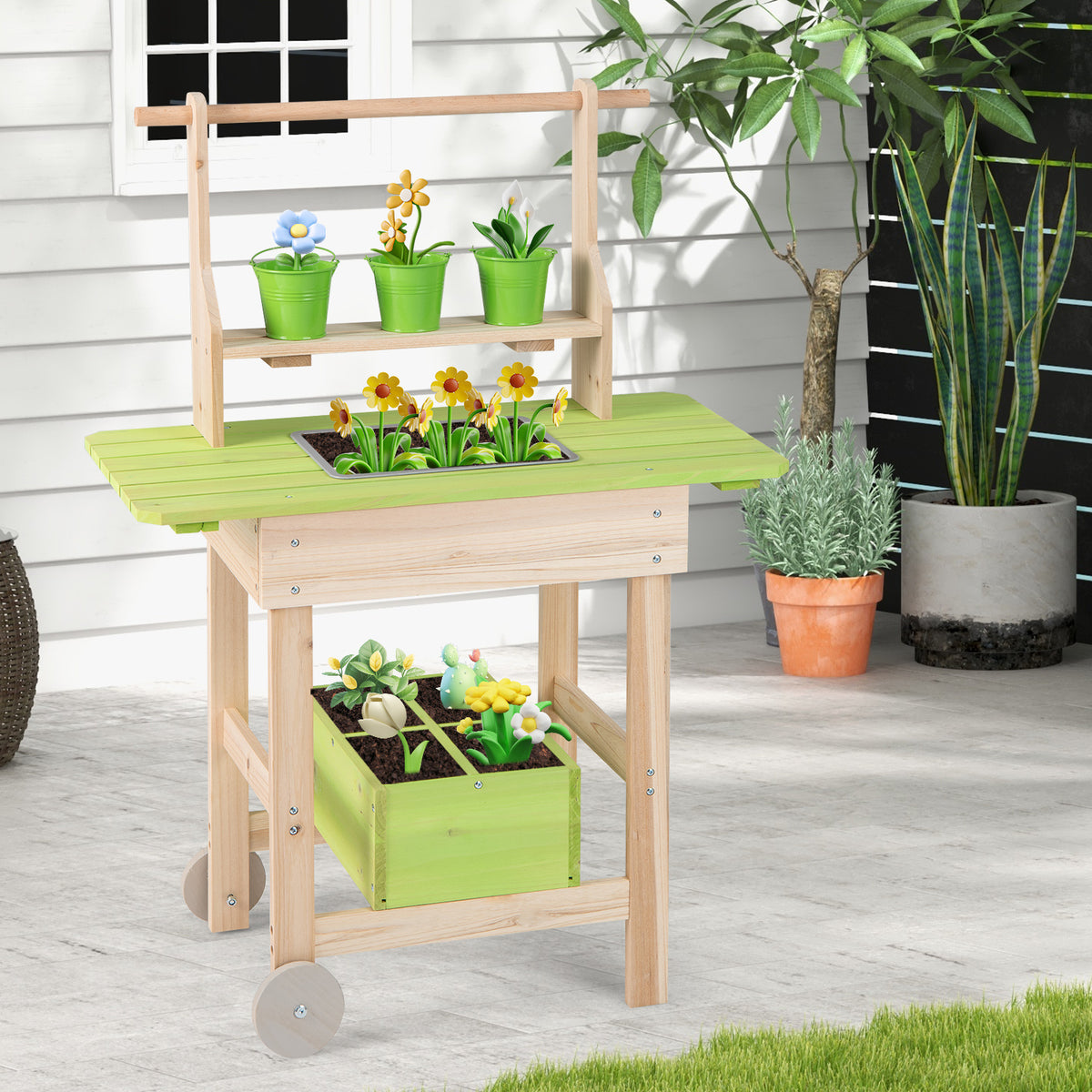 Kids Mud Kitchen Outdoor Play Pretend Kitchen with Removable Pots and Storage Box for Boys Girls Aged 3+-Natural