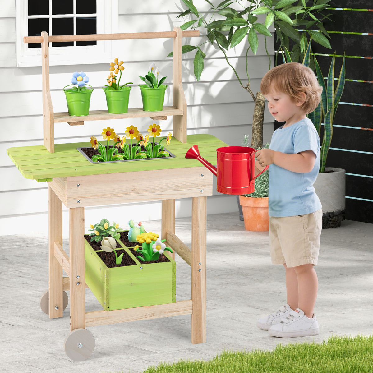 Kids Mud Kitchen Outdoor Play Pretend Kitchen with Removable Pots and Storage Box for Boys Girls Aged 3+-Natural