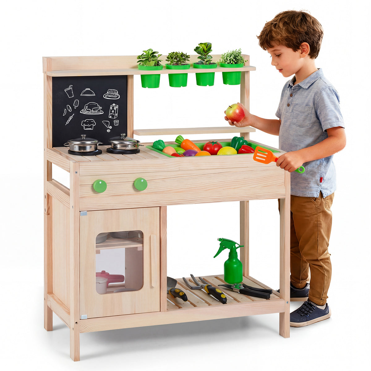 Kids Mud Kitchen Play Pretend Kitchen with Chalkboard Rotation Knobs and Cabinet
