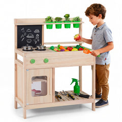 Kids Mud Kitchen Play Pretend Kitchen with Chalkboard Rotation Knobs and Cabinet