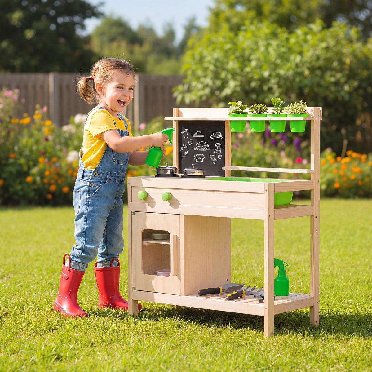 Kids Mud Kitchen Play Pretend Kitchen with Chalkboard Rotation Knobs and Cabinet