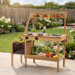 Kids Mud Kitchen with Planter Box and 8 Accessories for Toddlers Aged 3+-Natrual