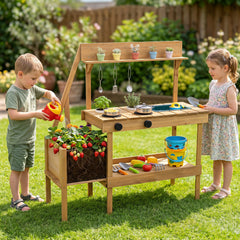 Kids Mud Kitchen with Planter Box and 8 Accessories for Toddlers Aged 3+-Natrual