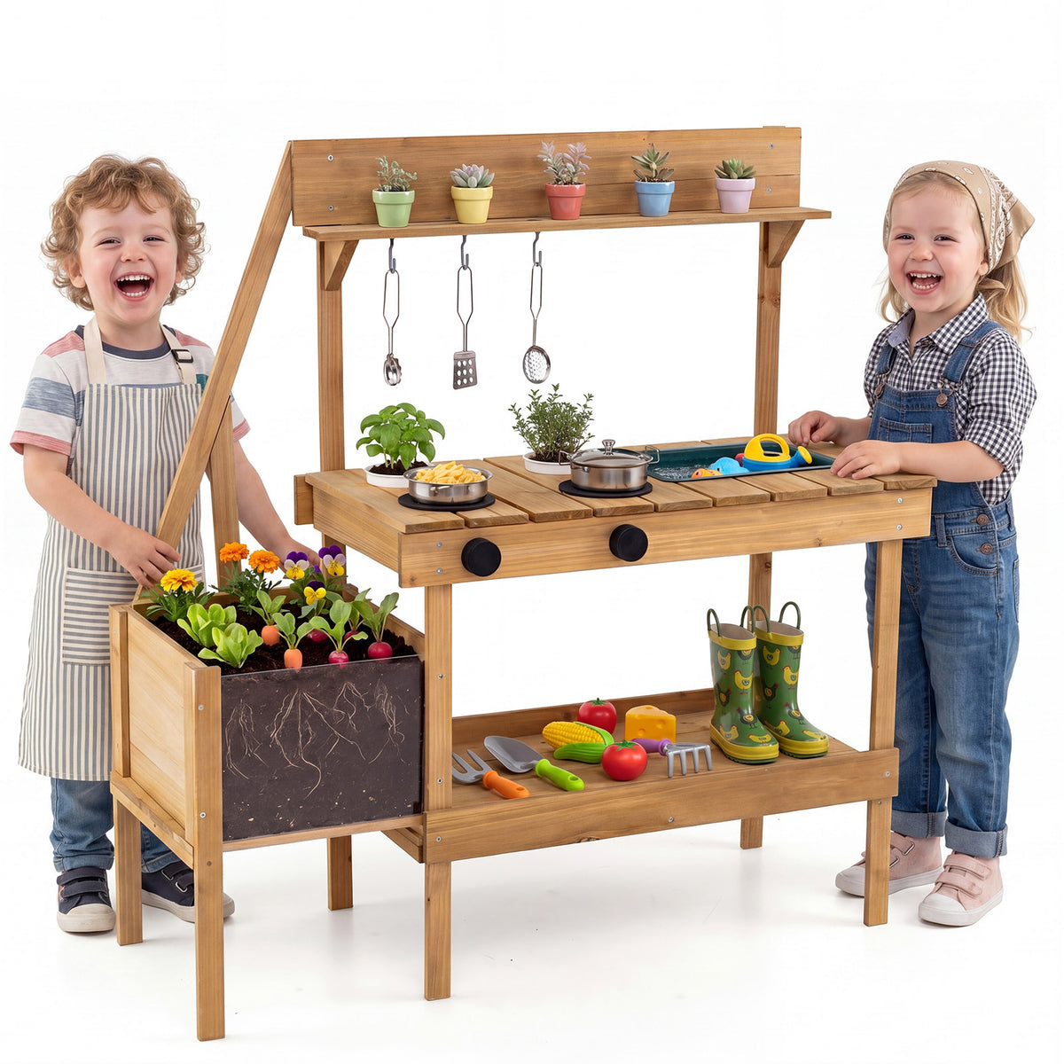 Kids Mud Kitchen with Planter Box and 8 Accessories for Toddlers Aged 3+-Natrual