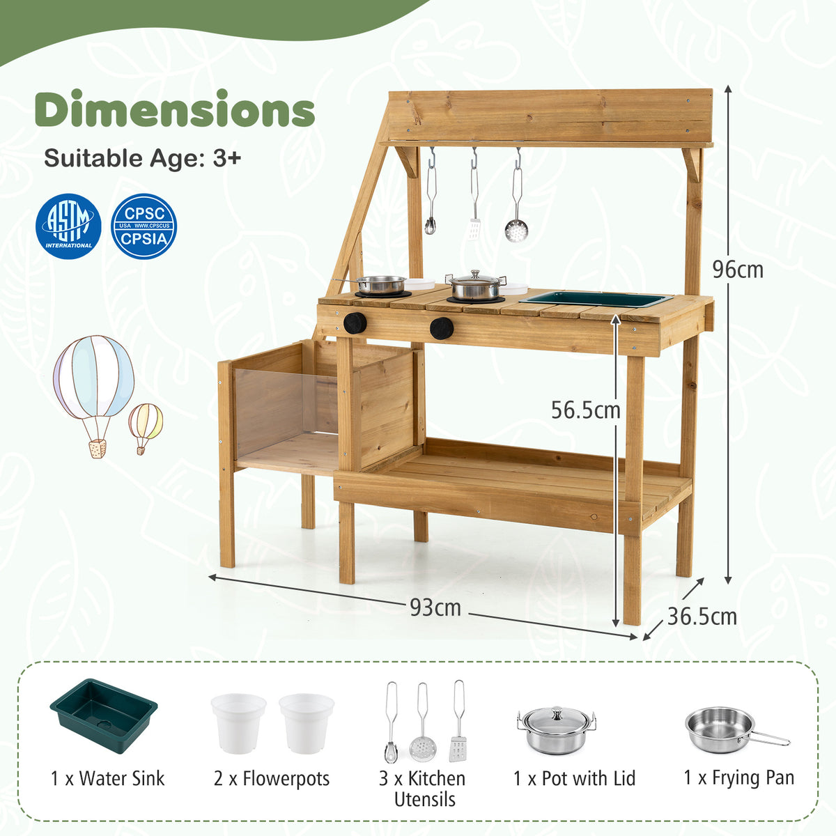Kids Mud Kitchen with Planter Box and 8 Accessories for Toddlers Aged 3+-Natrual