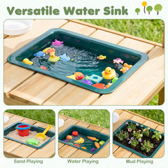Kids Mud Kitchen with Planter Box and 8 Accessories for Toddlers Aged 3+-Natrual