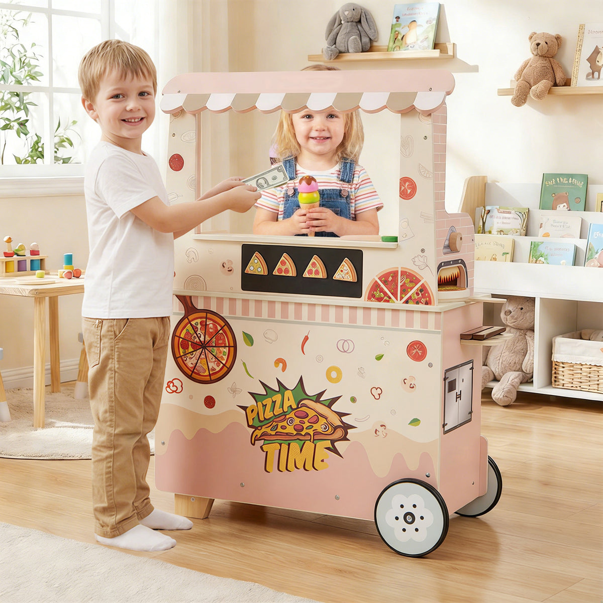 Kids Pizza Food Truck Wooden Pretend Play Snack Cart with Oven-Pink