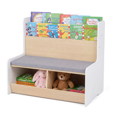 Kids Reading Nook with Bench Toddler Toy Storage Organizer with Bookshelf and 2 Cubbies-White