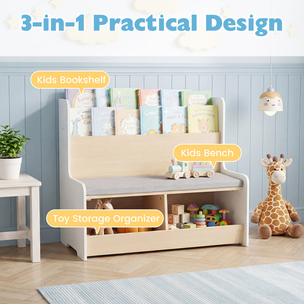 Kids Reading Nook with Bench Toddler Toy Storage Organizer with Bookshelf and 2 Cubbies-White