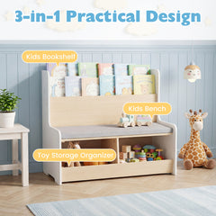 Kids Reading Nook with Bench Toddler Toy Storage Organizer with Bookshelf and 2 Cubbies-White