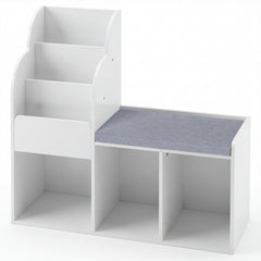 Kids Reading Nook with Bench Wooden Toddler Bookcase with 3 Storage Cubbies-White