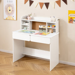 Kids Study Desk Student Writing Table with Cork Bulletin Board-off white